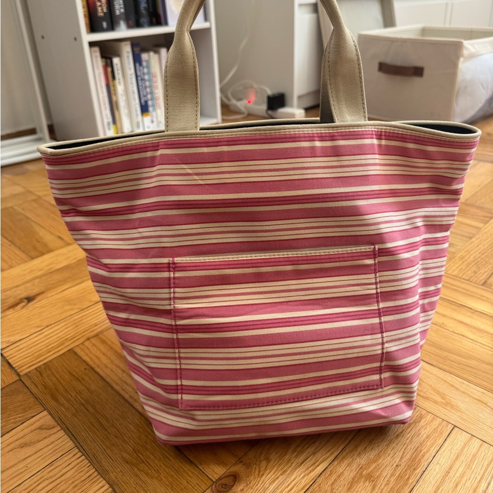 Vintage Pierre Deux Striped Pink Canvas Tote Bag with Cream Handles